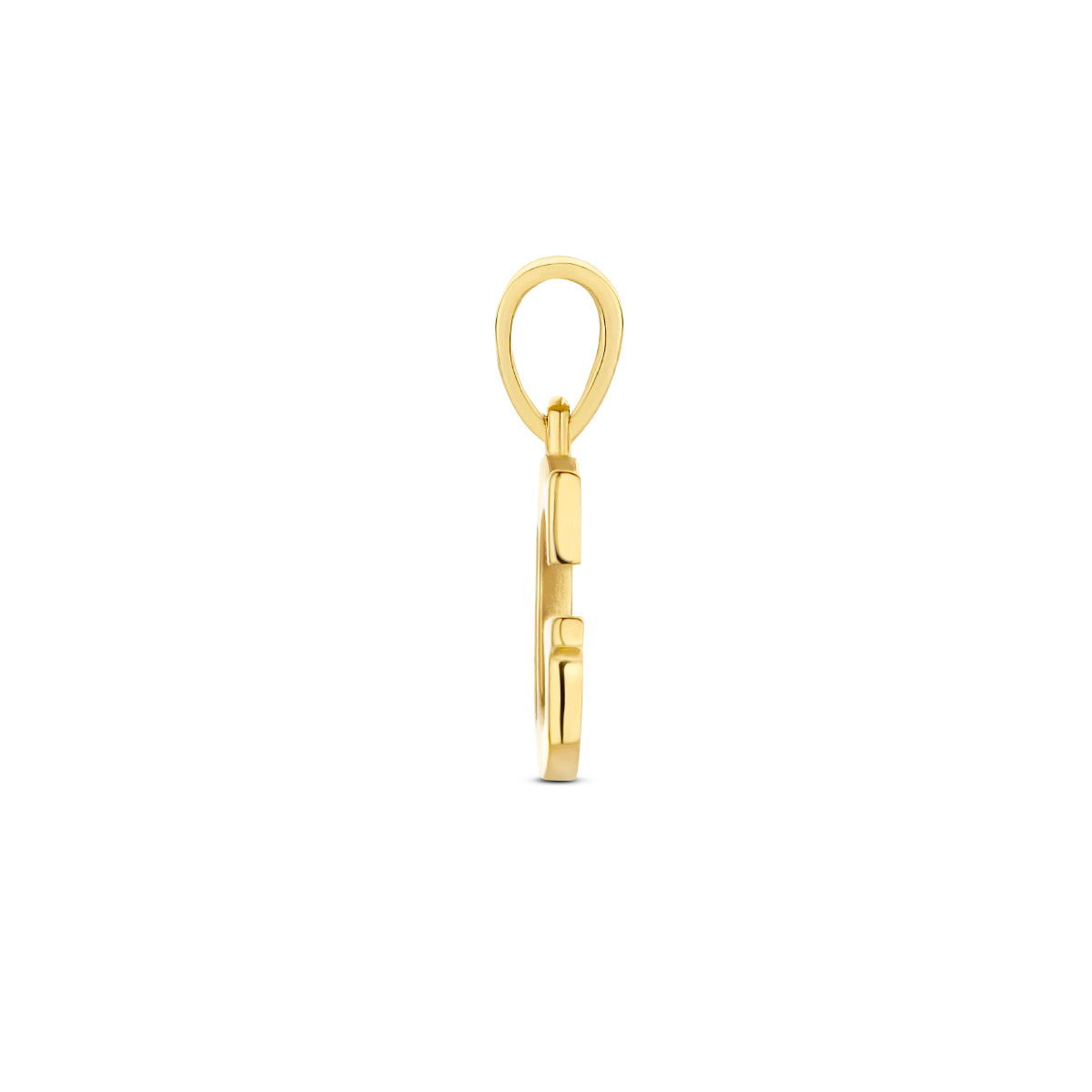 Zijaanzicht van de letterhanger goud van 14 karaat met zirkonia, letter G