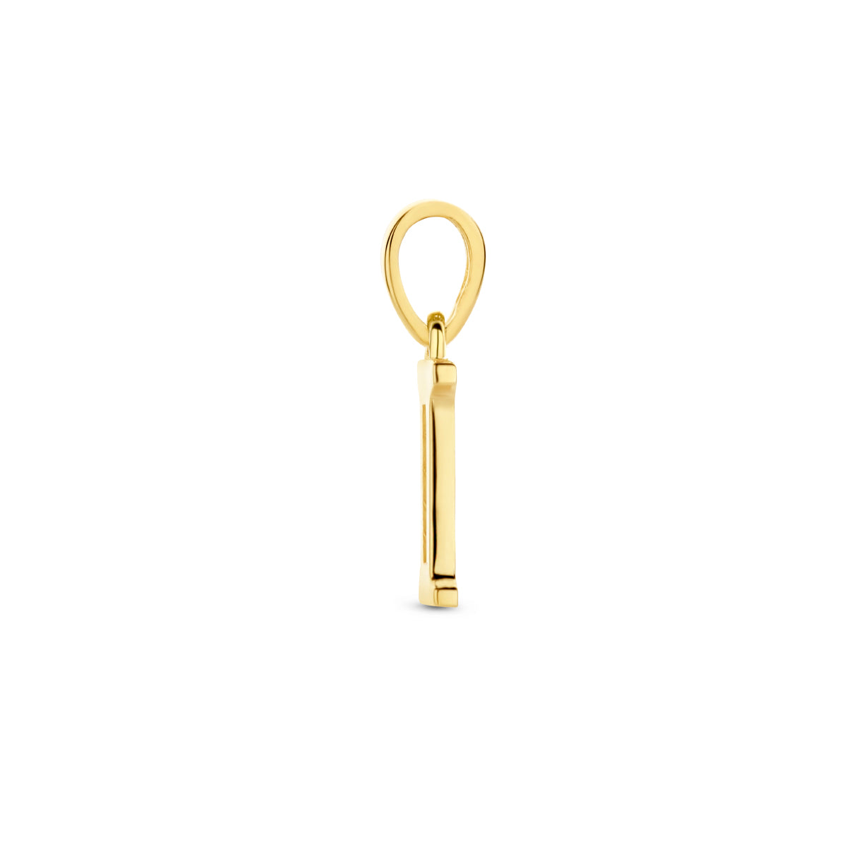 Zijaanzicht van de letterhanger goud van 14 karaat met zirkonia, letter I