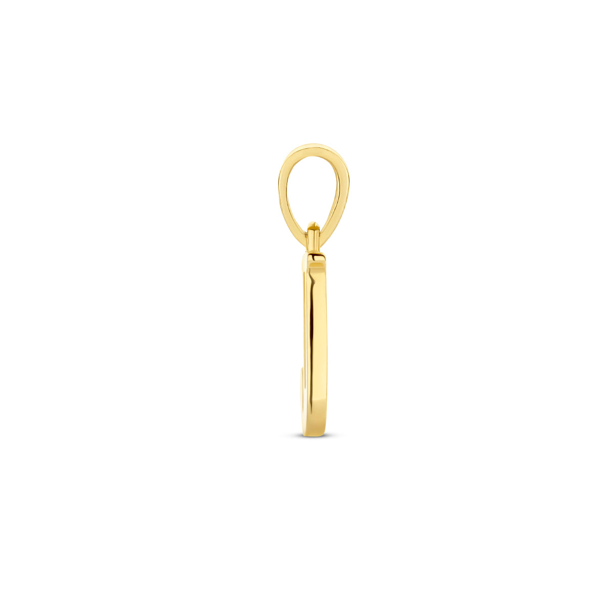 Zijaanzicht van de letterhanger goud van 14 karaat met zirkonia, letter J
