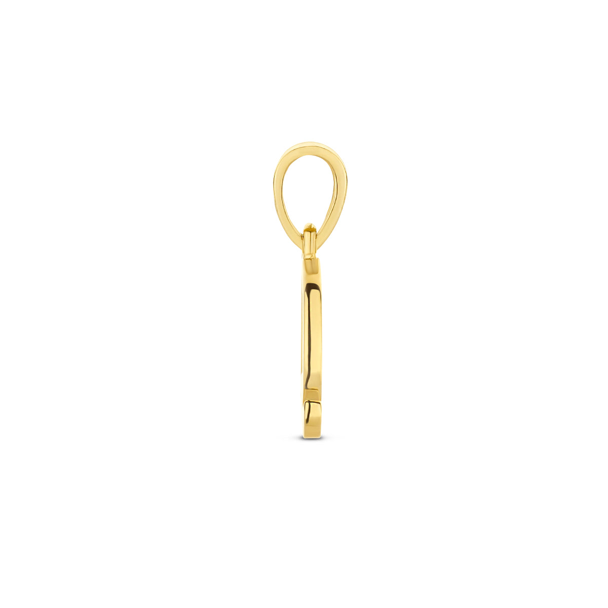 Zijaanzicht van de letterhanger goud van 14 karaat met zirkonia, letter Q