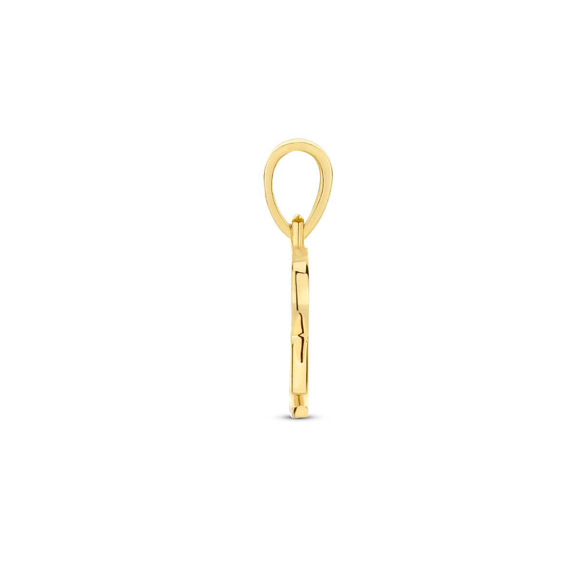 Zijaanzicht van de letterhanger goud van 14 karaat met zirkonia, letter R