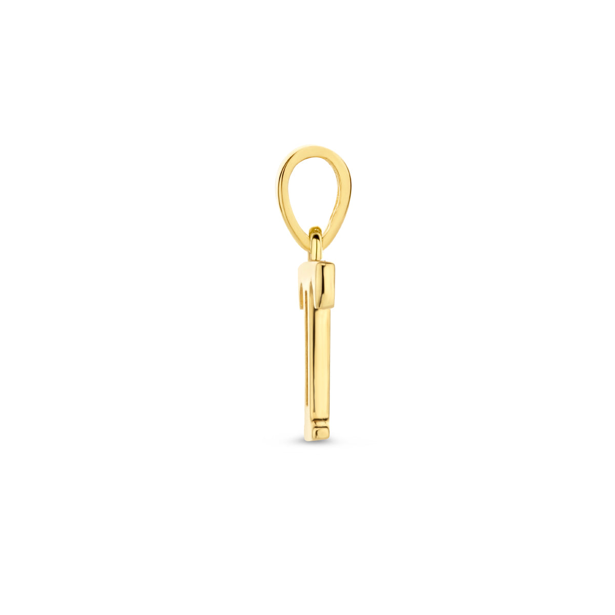 Zijaanzicht van de letterhanger goud van 14 karaat met zirkonia, letter T