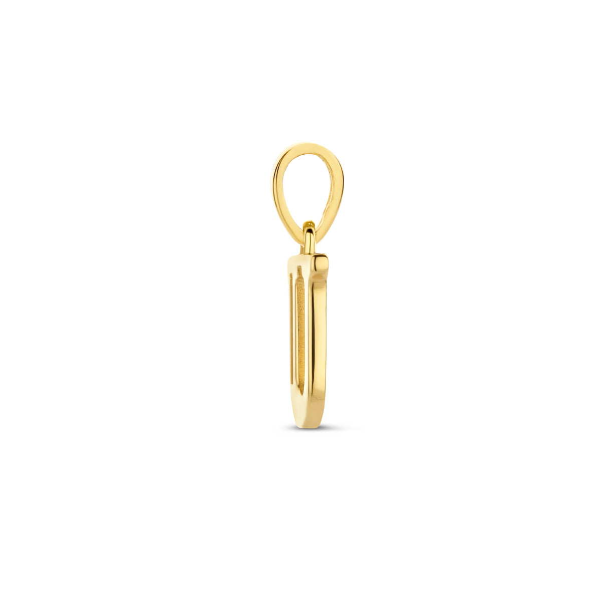 Zijaanzicht van de letterhanger goud van 14 karaat met zirkonia, letter U