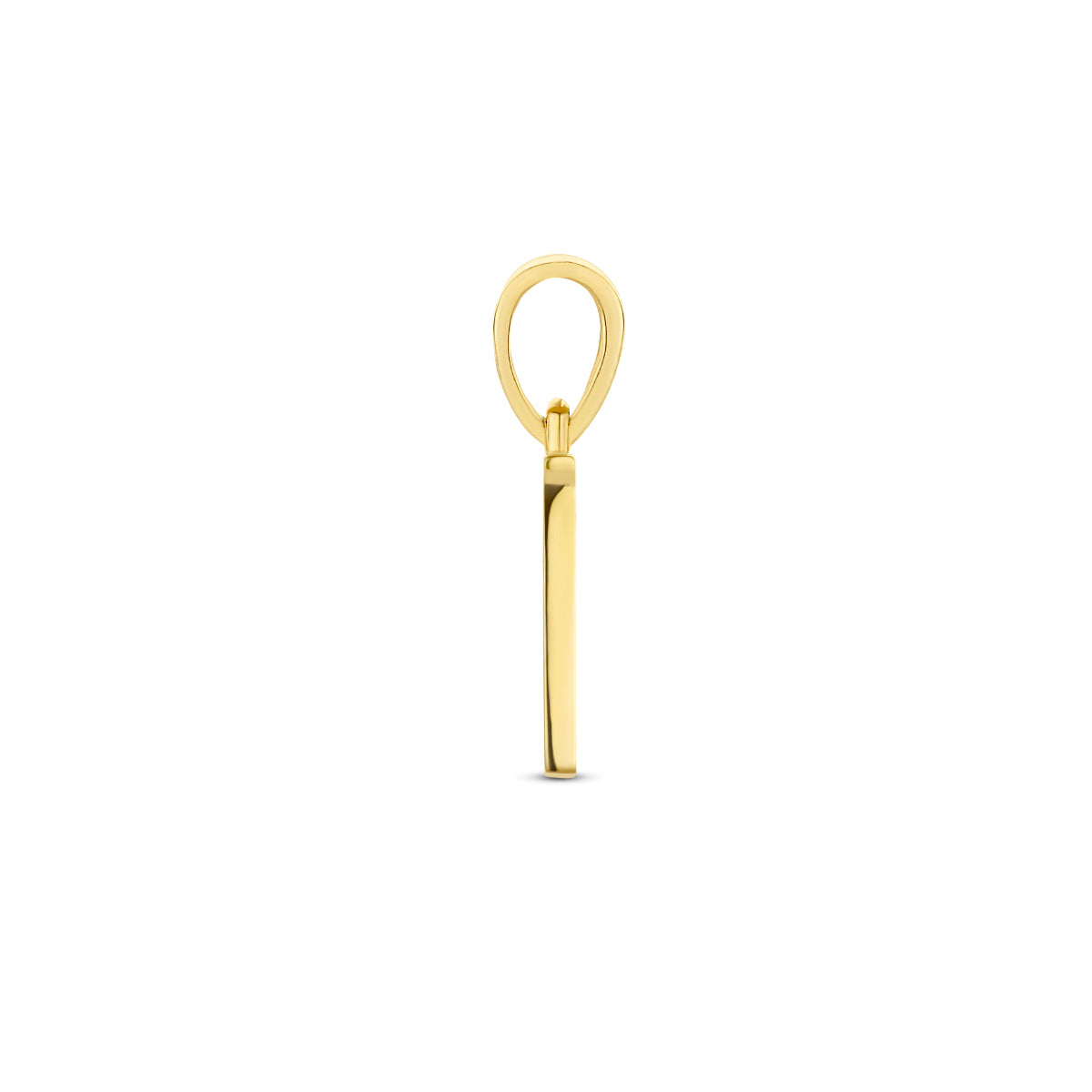 Zijaanzicht van de letterhanger goud van 14 karaat met zirkonia, letter V