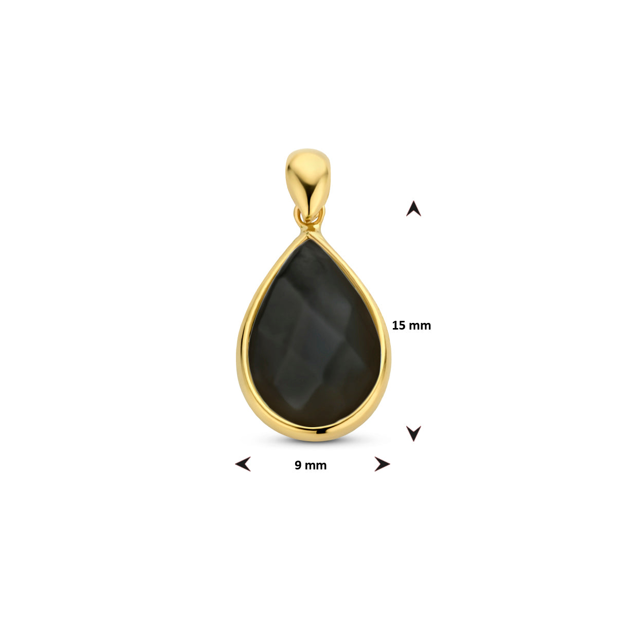 Afmetingen van de 14 karaat gouden hanger met onyx: 18 mm hoog inclusief oog