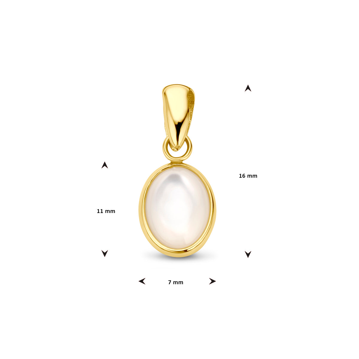 Afmetingen van de 14 karaat gouden hanger met parelmoer: 16 mm hoog inclusief oog