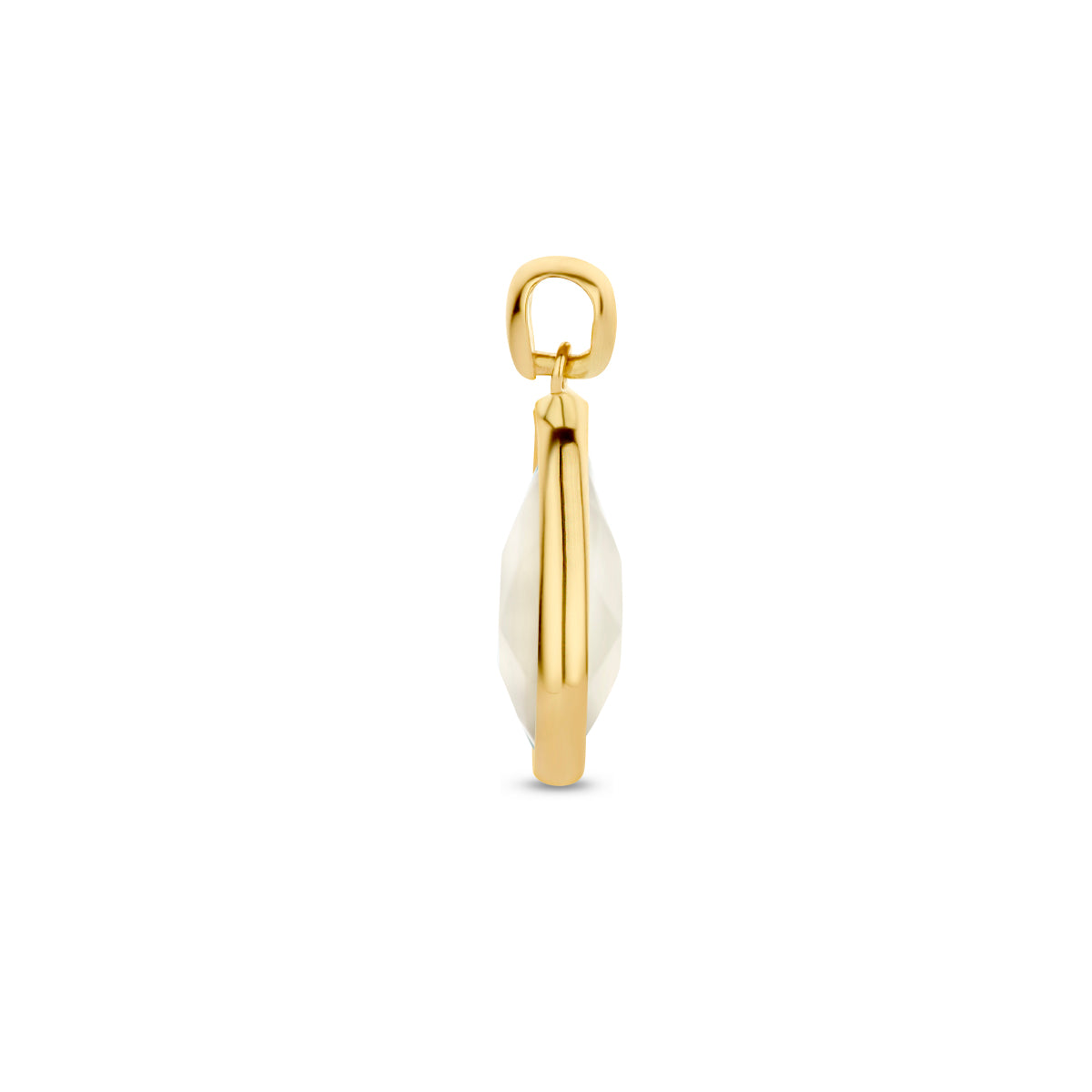 Zijaanzicht van de 14 karaat gouden hanger met parelmoer