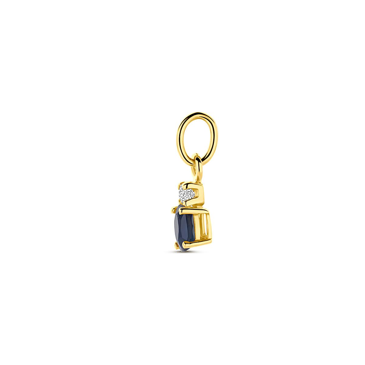Zijaanzicht van de 14 karaat gouden hanger met saffier