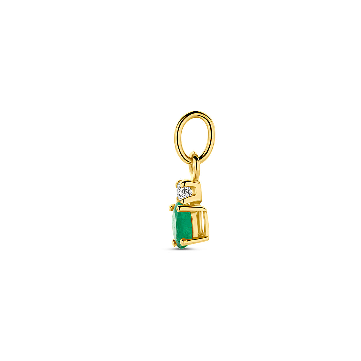 Zijaanzicht van de 14 karaat gouden hanger met smaragd