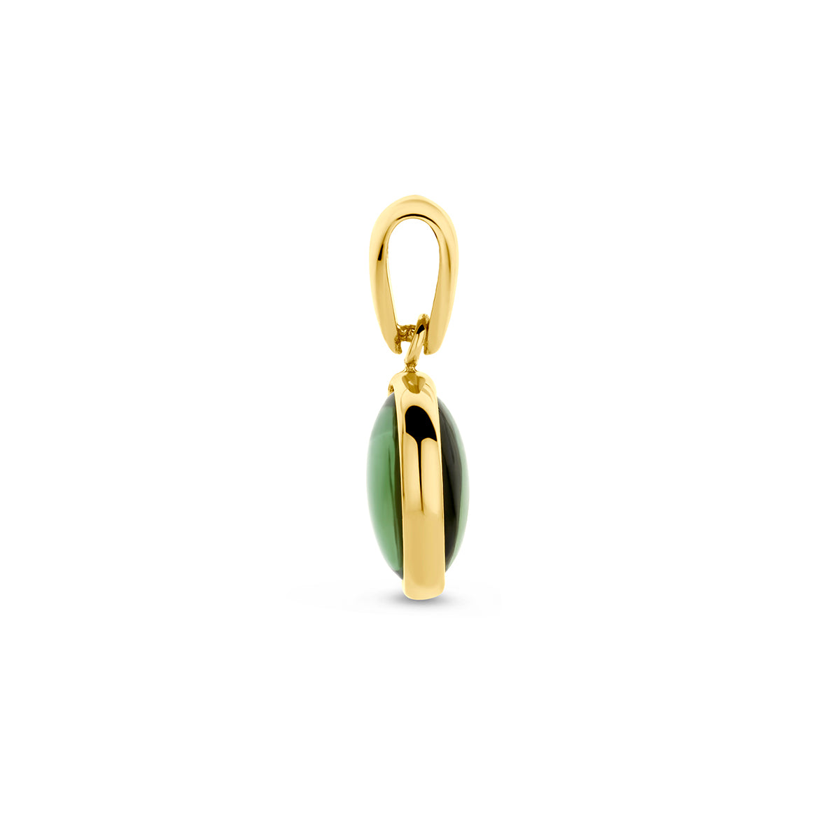 Zijaanzicht van de 14 karaat gouden hanger met groene toermalijn