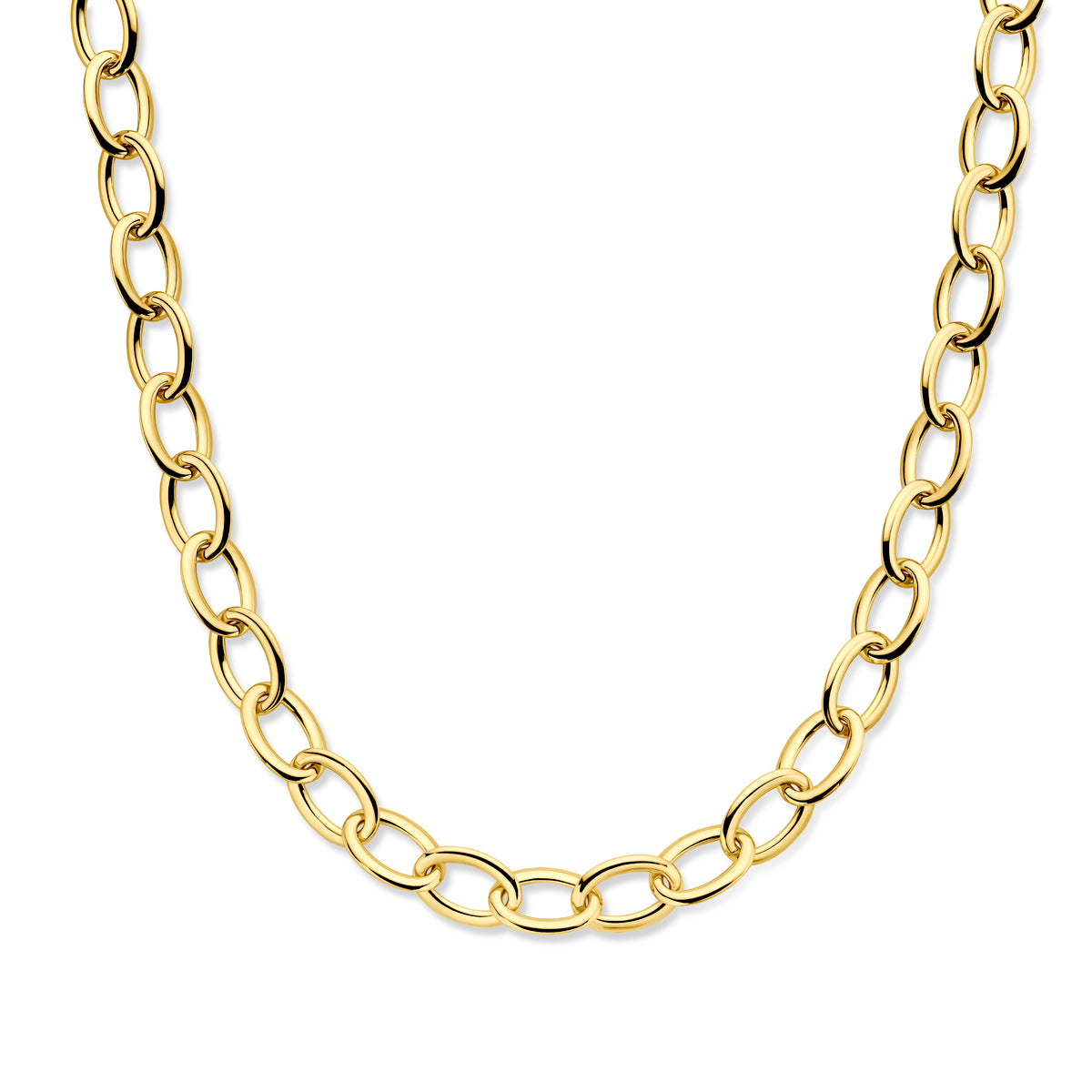 Vooraanzicht van de 14 karaat gouden brede schakelketting