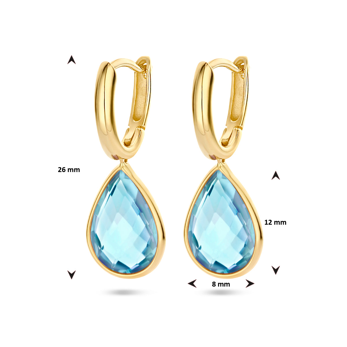 Afmetingen van de 14 karaat gouden klapoorringen met blauwe topaas (blauwe topaas oorbellen): 26 mm hoog