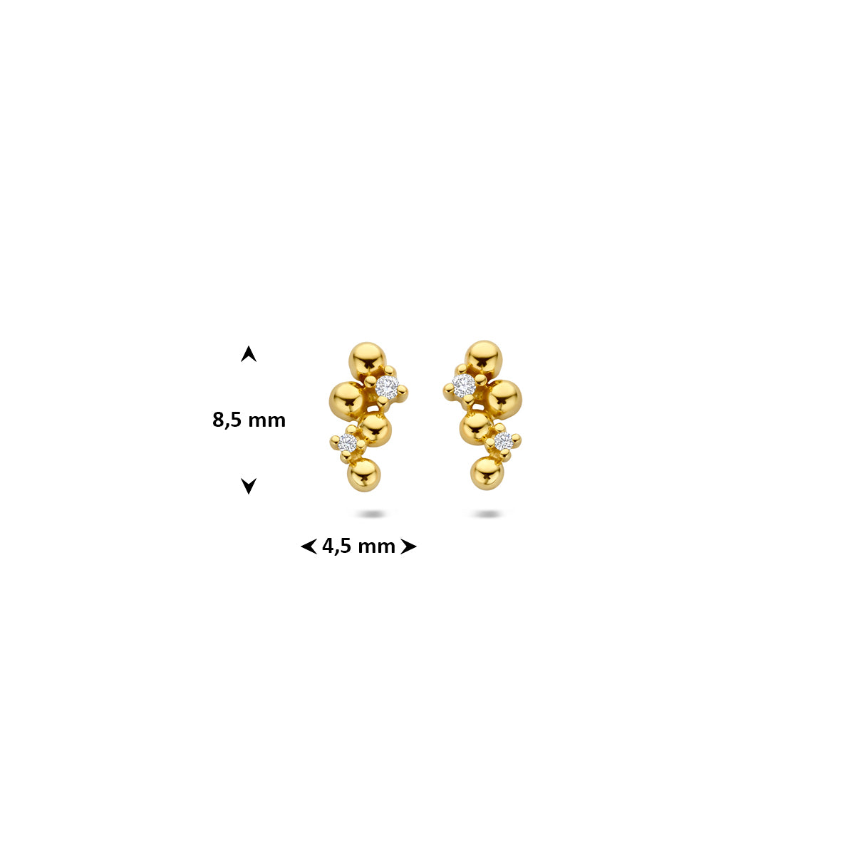 Afmetingen van de 14 karaat gouden diamant oorknoppen 0,03 ct (diamant oorknopjes): 8,5 mm hoog