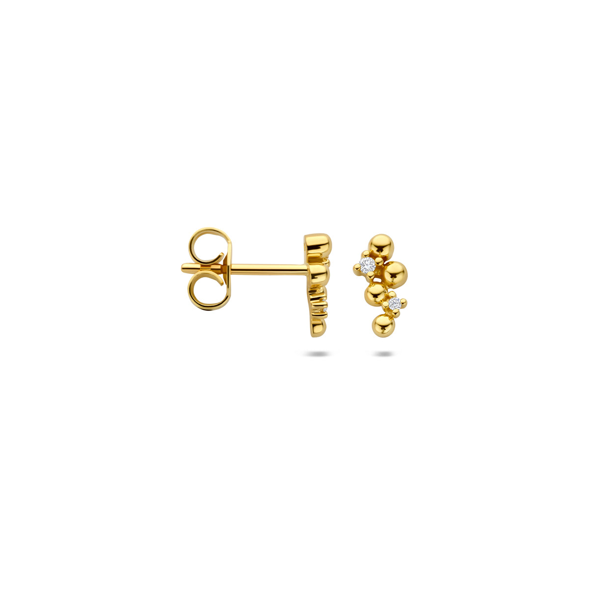 Zijaanzicht van de 14 karaat gouden diamant oorknoppen 0,03 ct (diamant oorknopjes)