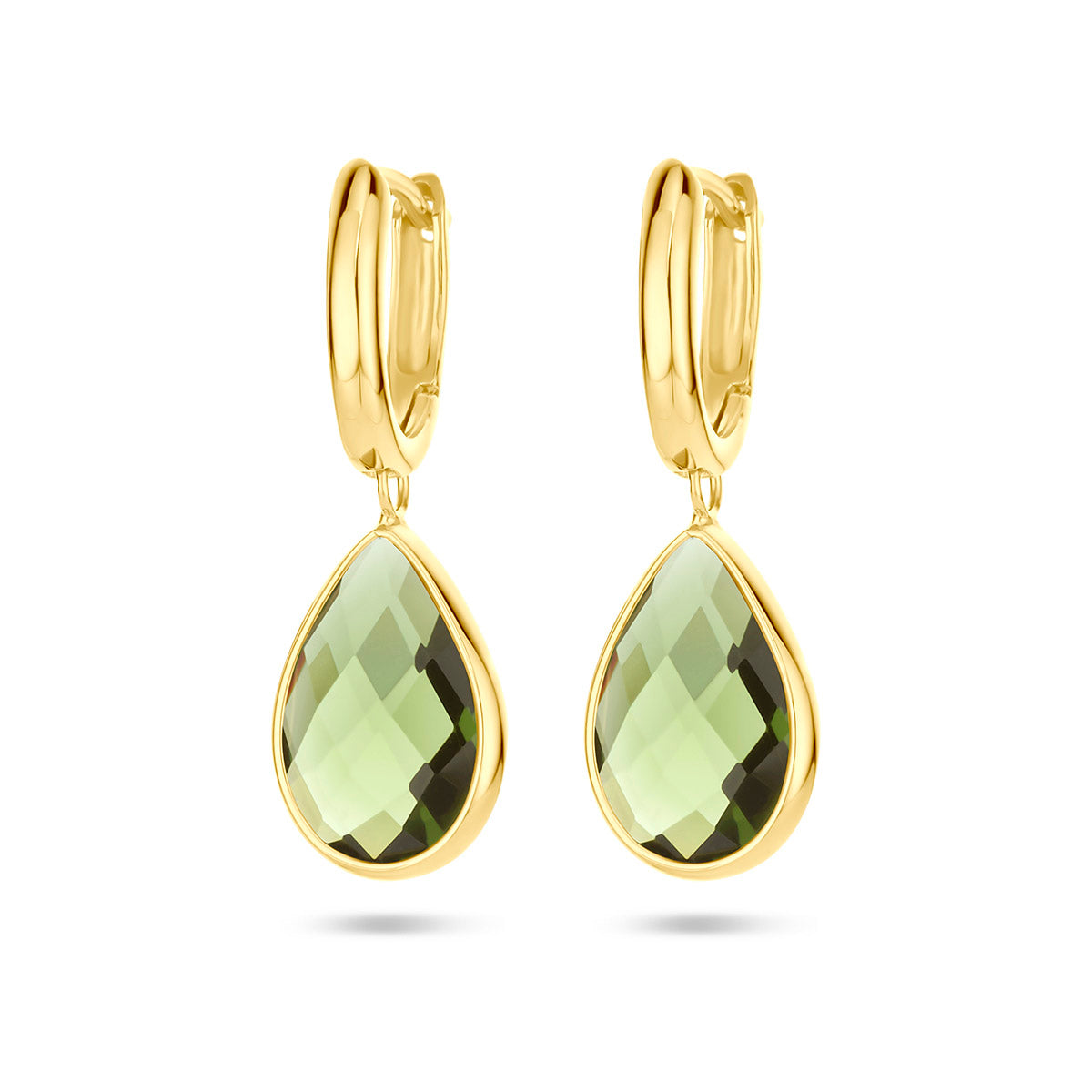 Vooraanzicht van de 14 karaat gouden klapoorringen met groene kwarts (edelsteen oorbellen)