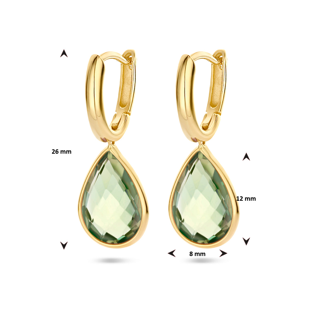 Afmetingen van de 14 karaat gouden klapoorringen met groene amethist (groene amethist oorbellen): 26 mm hoog
