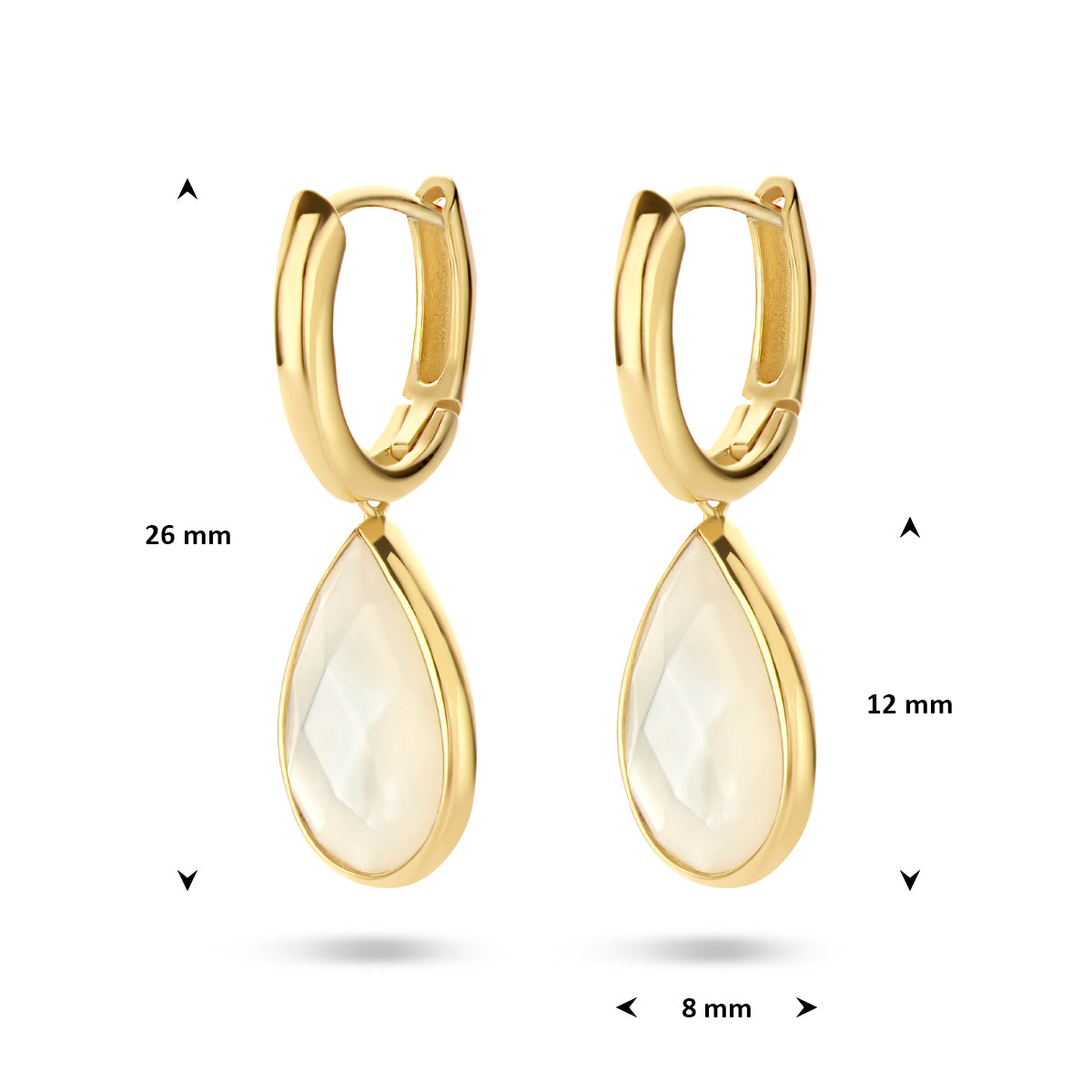 Afmetingen van de 14 karaat gouden klapoorringen met parelmoer (parelmoer oorbellen): 26 mm hoog