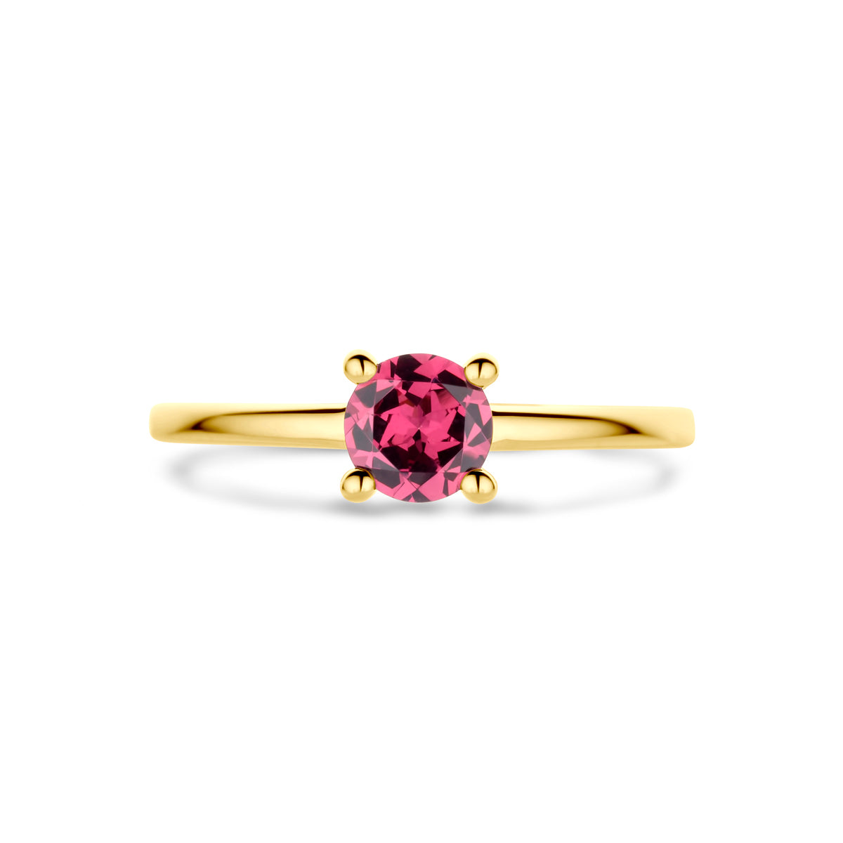Bovenaanzicht van de gouden ring met rhodoliet van 14 karaat