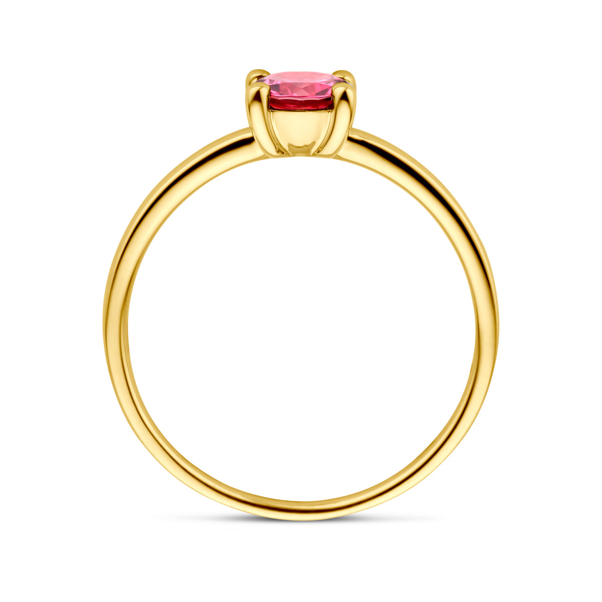 Zijaanzicht van de gouden ring met rhodoliet van 14 karaat