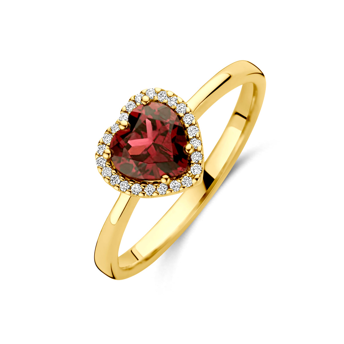 Schuin bovenaanzicht van de 14 karaat gouden ring met rhodoliet hartje en diamant 0,06 ct (hartjes ring goud)