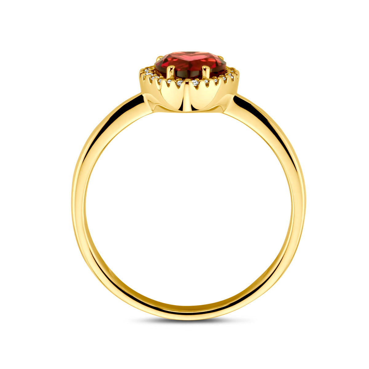 Zijaanzicht van de 14 karaat gouden ring met rhodoliet hartje en diamant 0,06 ct (hartjes ring goud)