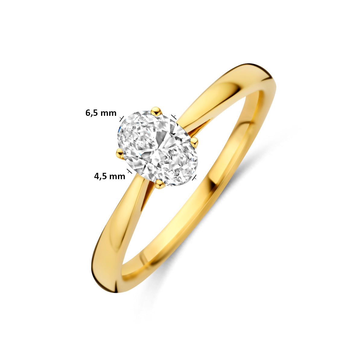 Afmetingen van de 14 karaat gouden ring met lab grown diamant 0,50 ct