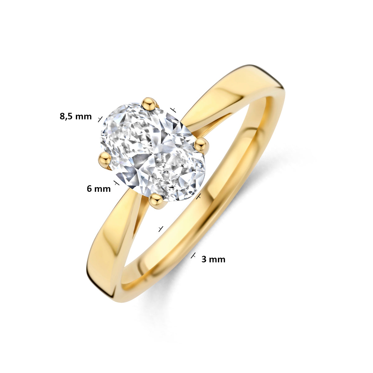 Afmetingen van de 14 karaat gouden ring met lab grown diamant 1,00 ct