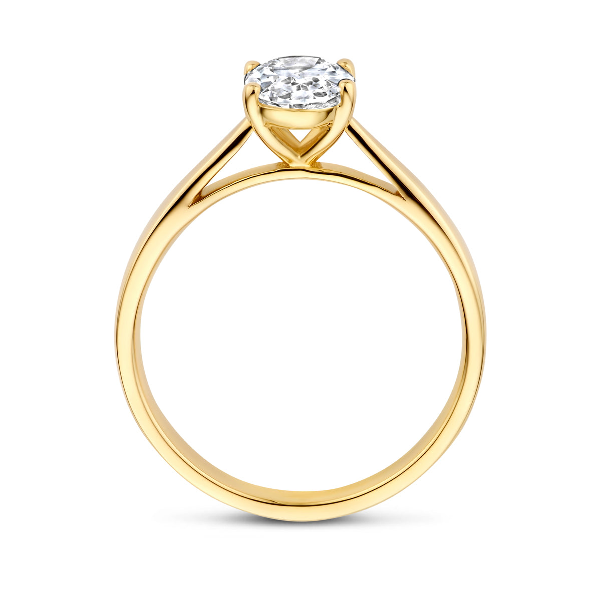 Zijaanzicht van de 14 karaat gouden ring met lab grown diamant 1,00 ct
