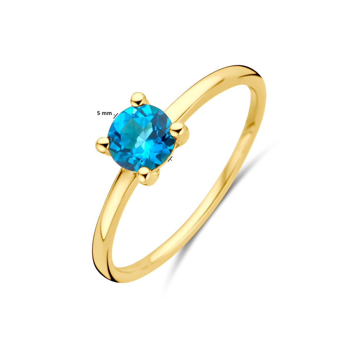 Afmetingen van de london blue topaas ring in 14 karaat geelgoud: topaas 5 mm