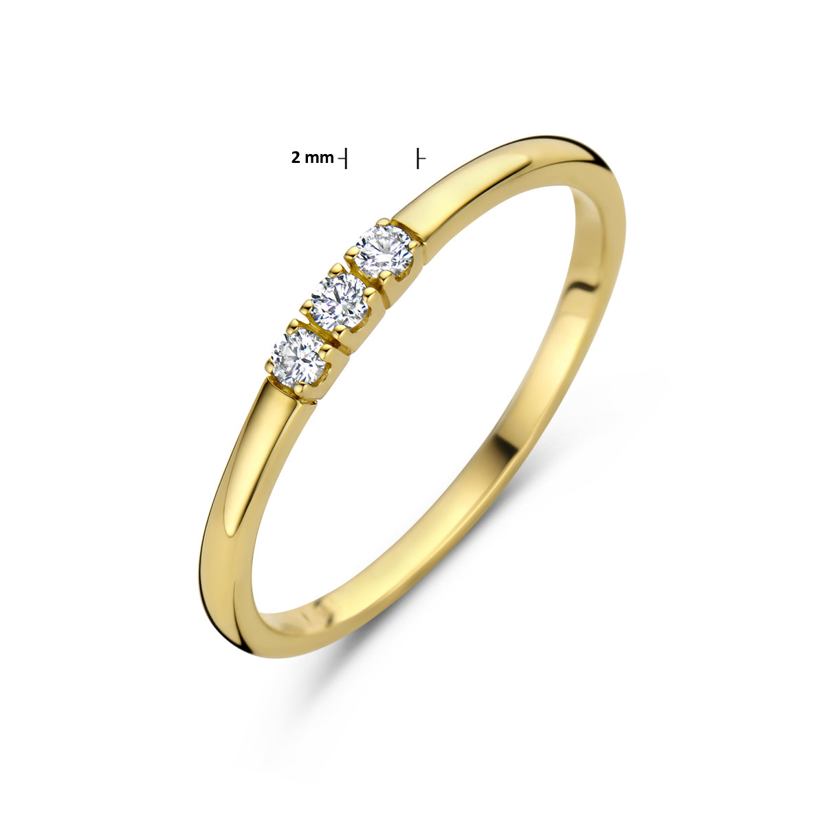 Afmetingen van de gouden memoire ring met diamant van 14 karaat: 2 mm breed, 0,09 ct.