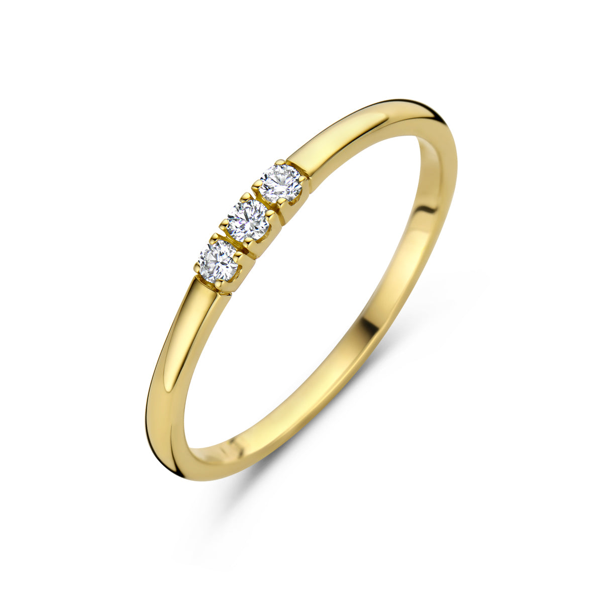 Schuin bovenaanzicht van de gouden memoire ring met diamant van 14 karaat, 0,09 ct.