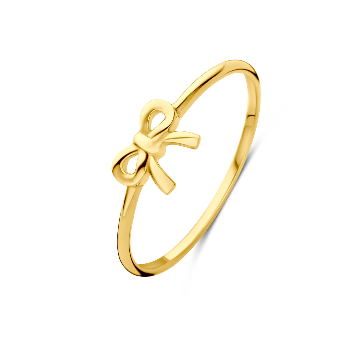 Schuin bovenaanzicht van de 14 karaat gouden strik ring