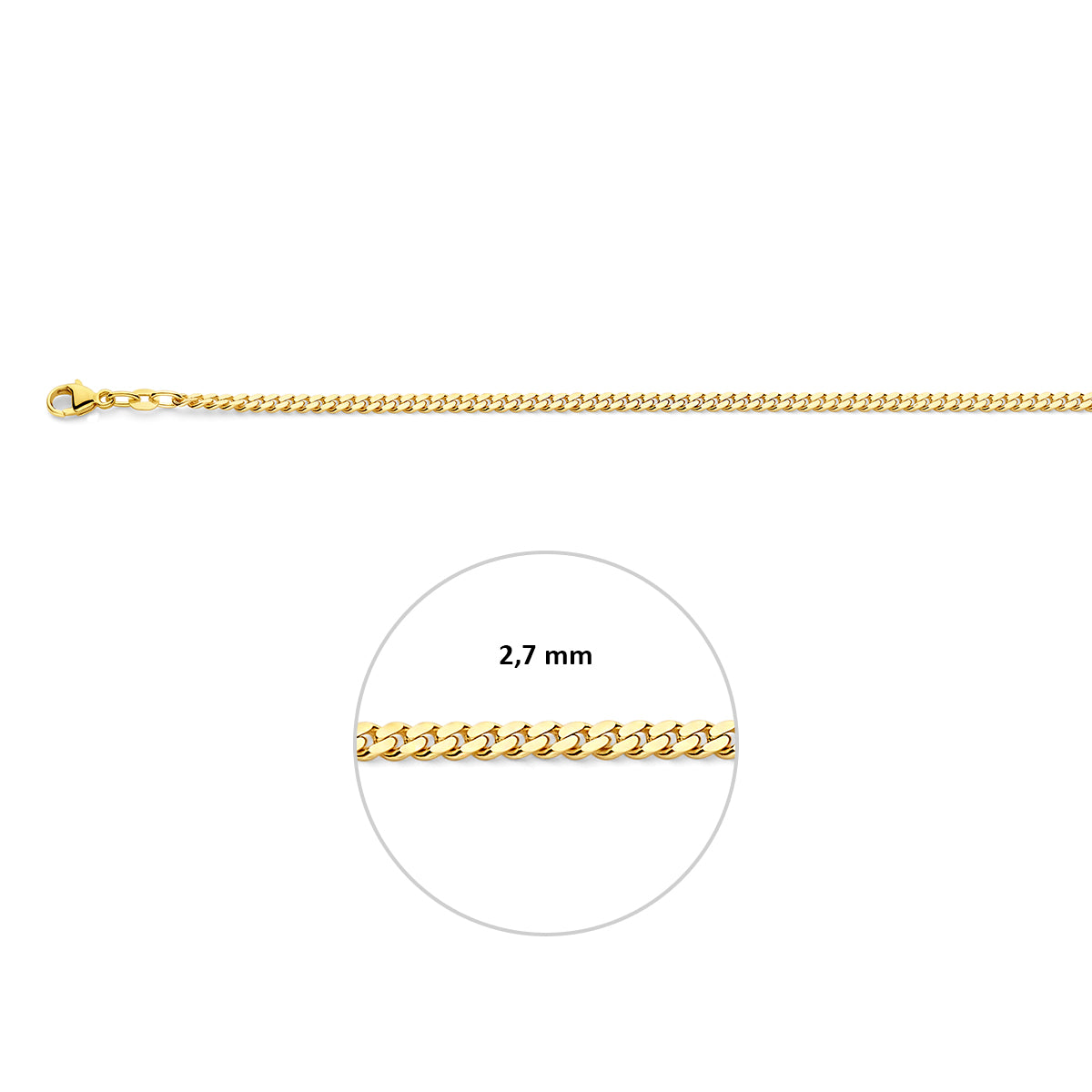 Gouden gourmet ketting heren: 14 karaat geelgouden 2-zijdig geslepen gourmette halsketting, met de schakelbreedte van 2,7 mm aangegeven
