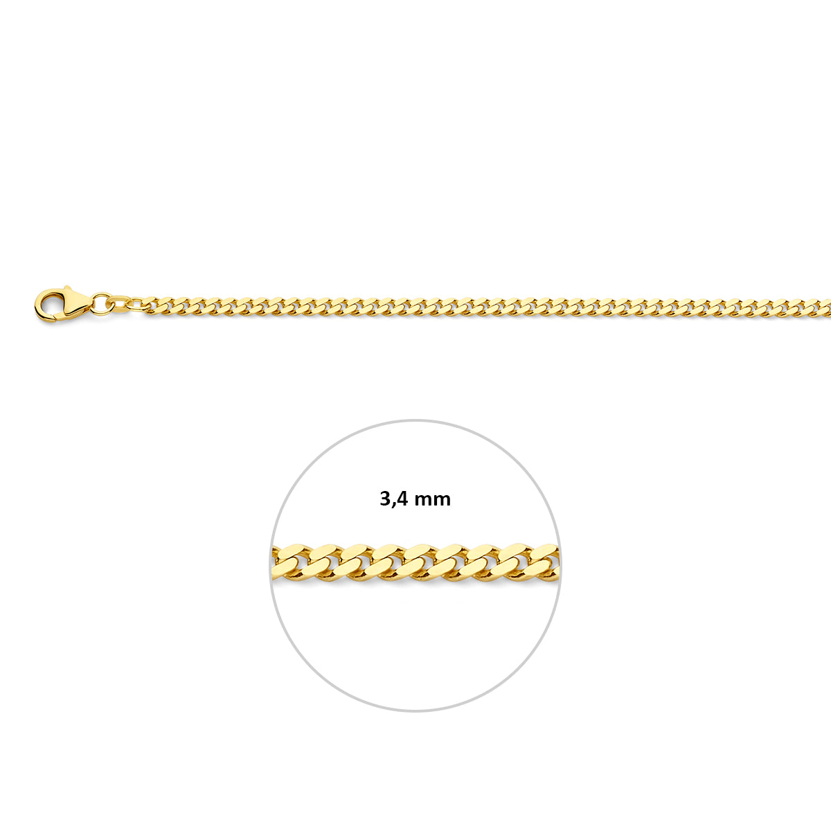 Gouden gourmet ketting heren: 14 karaat geelgouden 2-zijdig geslepen gourmette halsketting, met de schakelbreedte van 3,4 mm aangegeven
