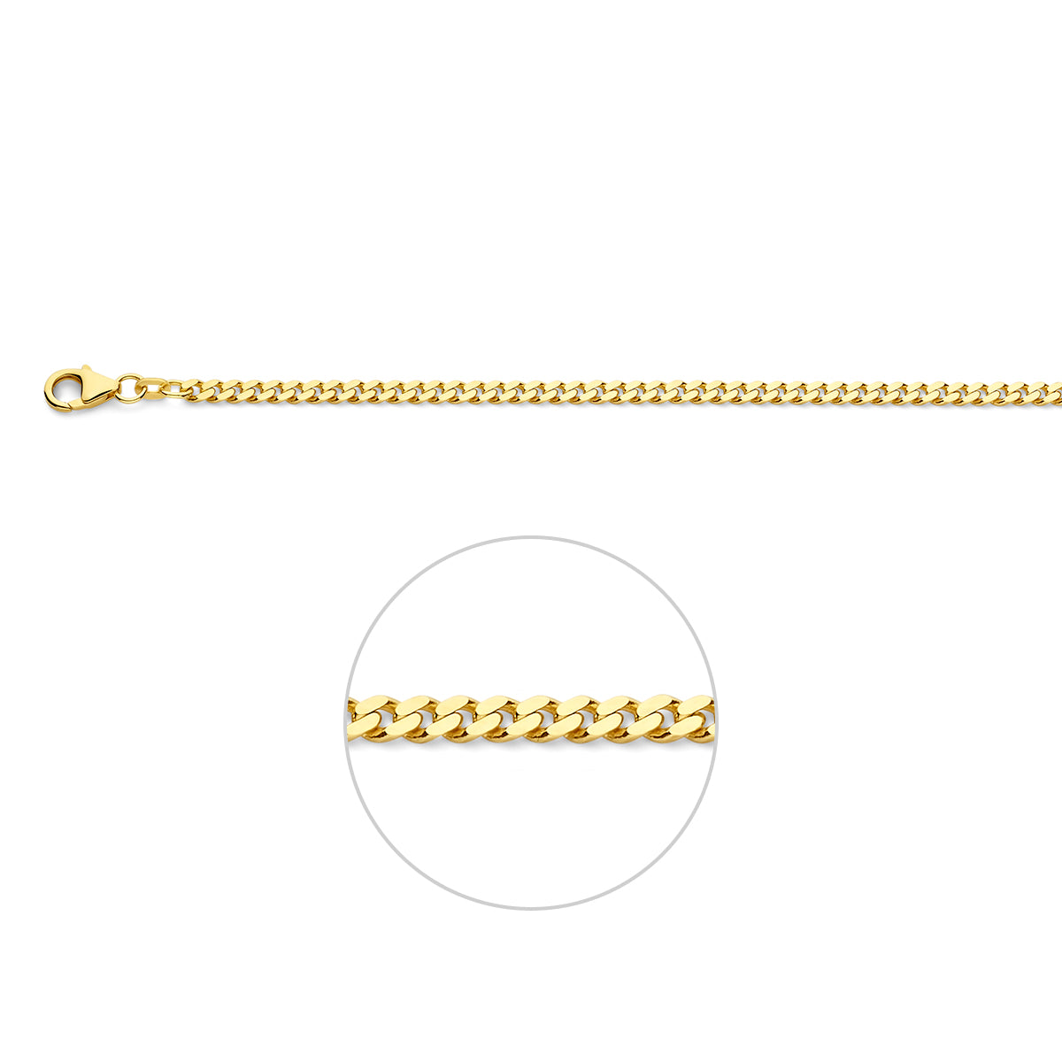 Gouden gourmet ketting heren: 14 karaat geelgouden 2-zijdig geslepen gourmette halsketting van 3,4 mm breed, vooraanzicht