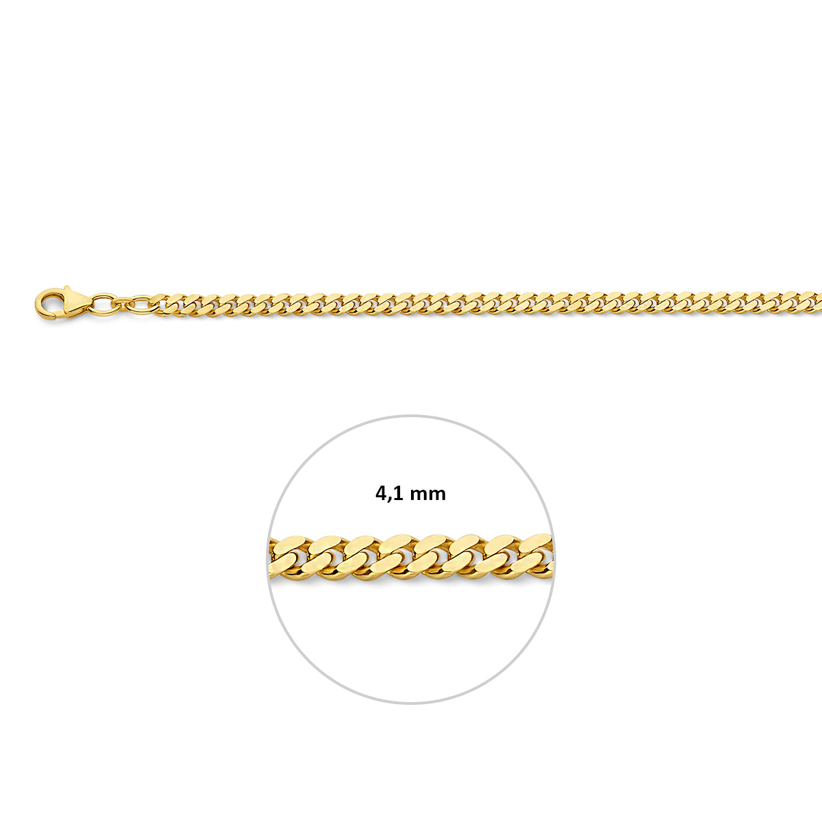 Gouden gourmet ketting heren: 14 karaat geelgouden 2-zijdig geslepen gourmette halsketting, met de schakelbreedte van 4,1 mm aangegeven