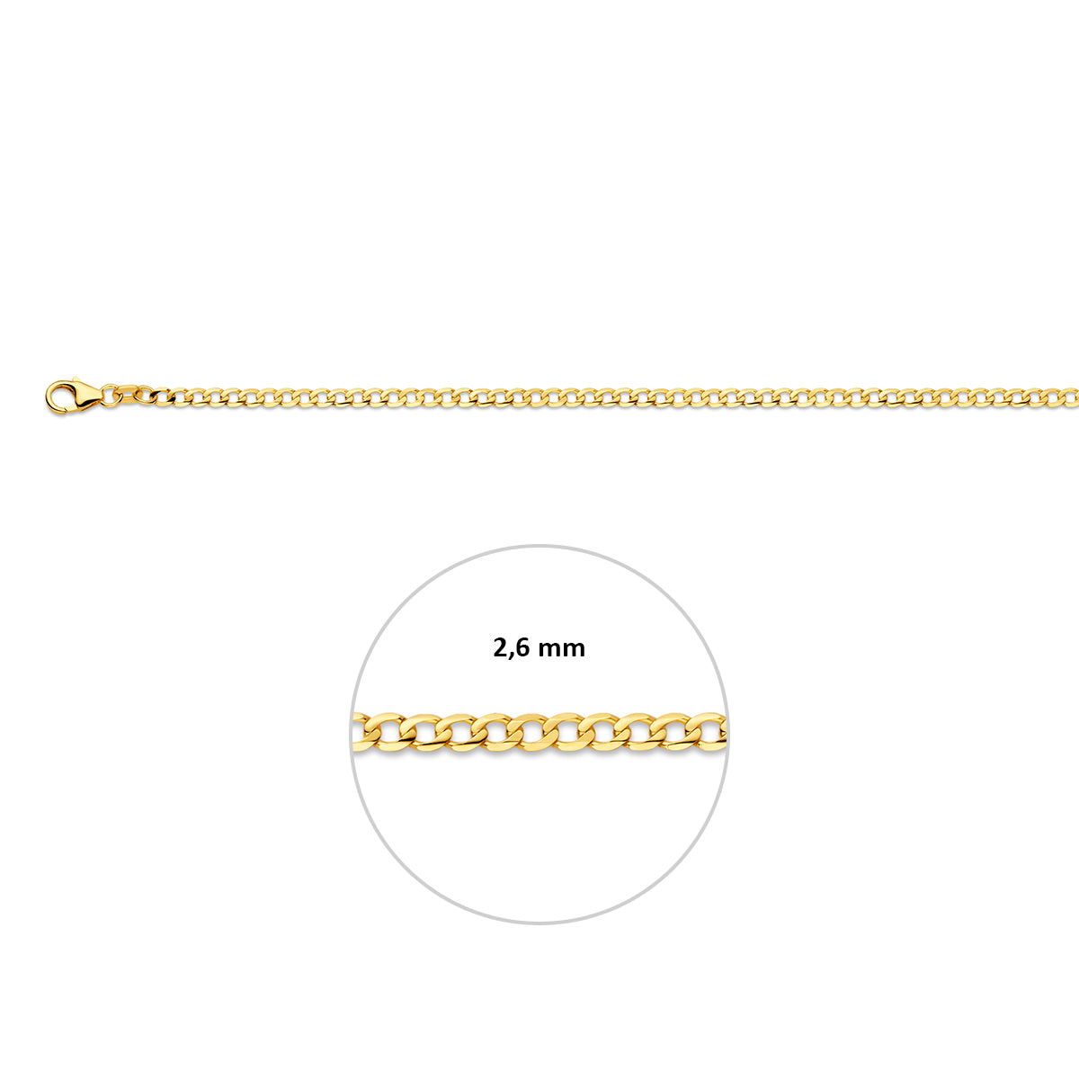Gouden gourmet armband: 14 karaat geelgouden 6-zijdig geslepen gourmette armband, met de schakelbreedte van 2,6 mm aangegeven
