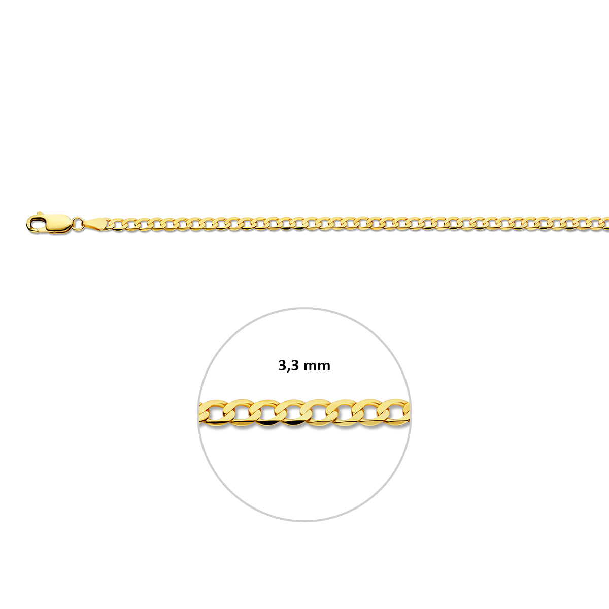 Gouden gourmet armband: 14 karaat geelgouden 6-zijdig geslepen gourmette armband, met de schakelbreedte van 3,3 mm aangegeven