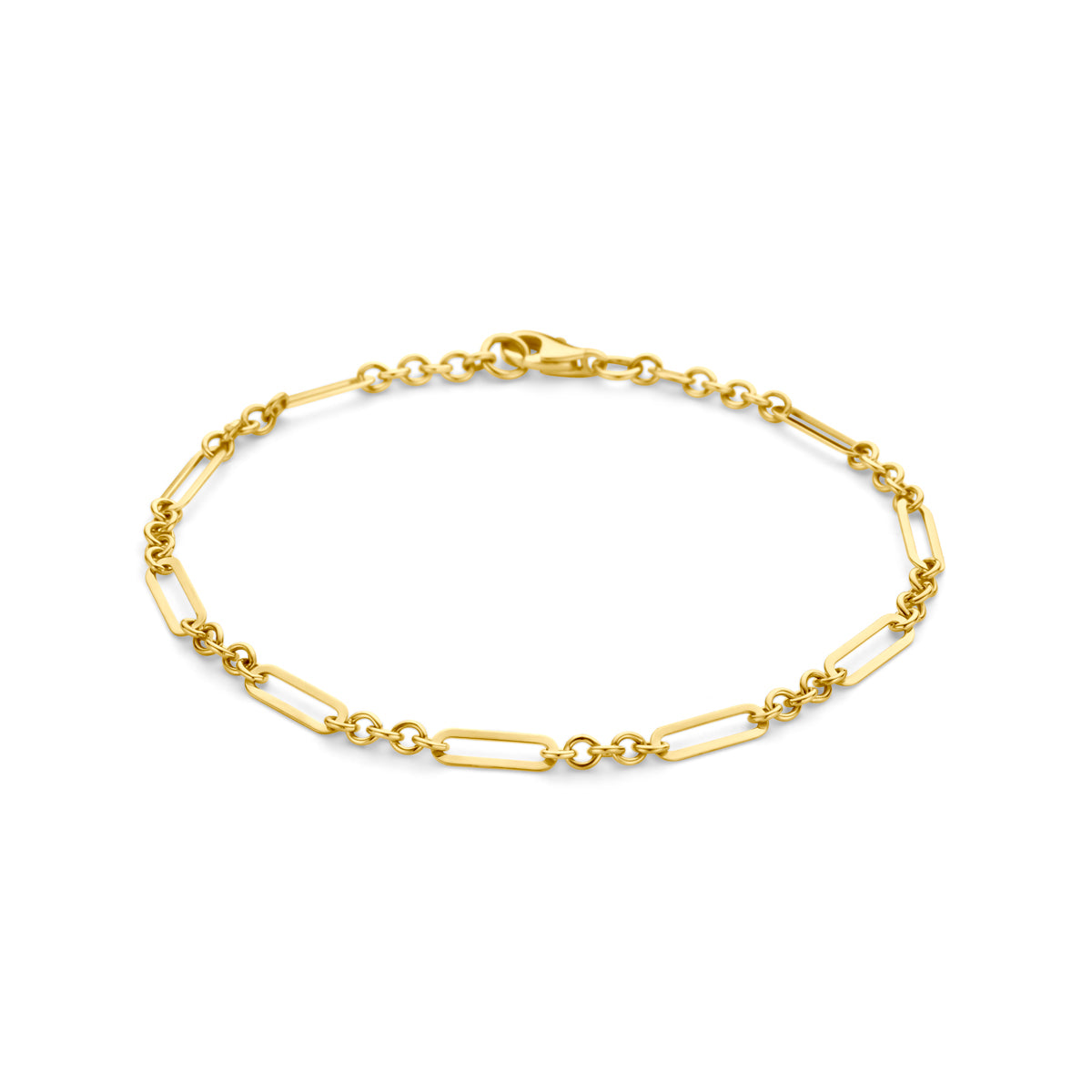 Vooraanzicht van de 14 karaat geelgouden armband met fantasieschakel, 18,5 cm lang.