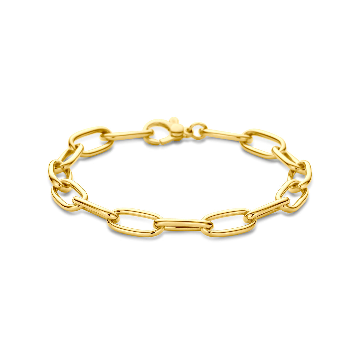 Gouden schakelarmband: vooraanzicht van de 14 karaat geelgouden armband met een schakel van 7,0 mm breed.