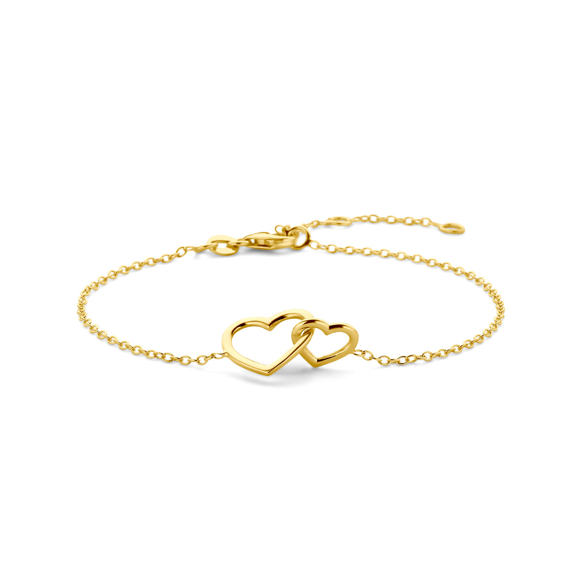 Vooraanzicht van de 14 karaat geelgouden armband met twee hartjes, 10,5 mm hoog en 12 mm breed.