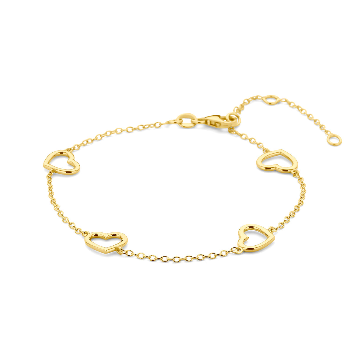 Vooraanzicht van de 14 karaat geelgouden armband met vier open hartjes, 7,5 mm hoog en 7,5 mm breed.