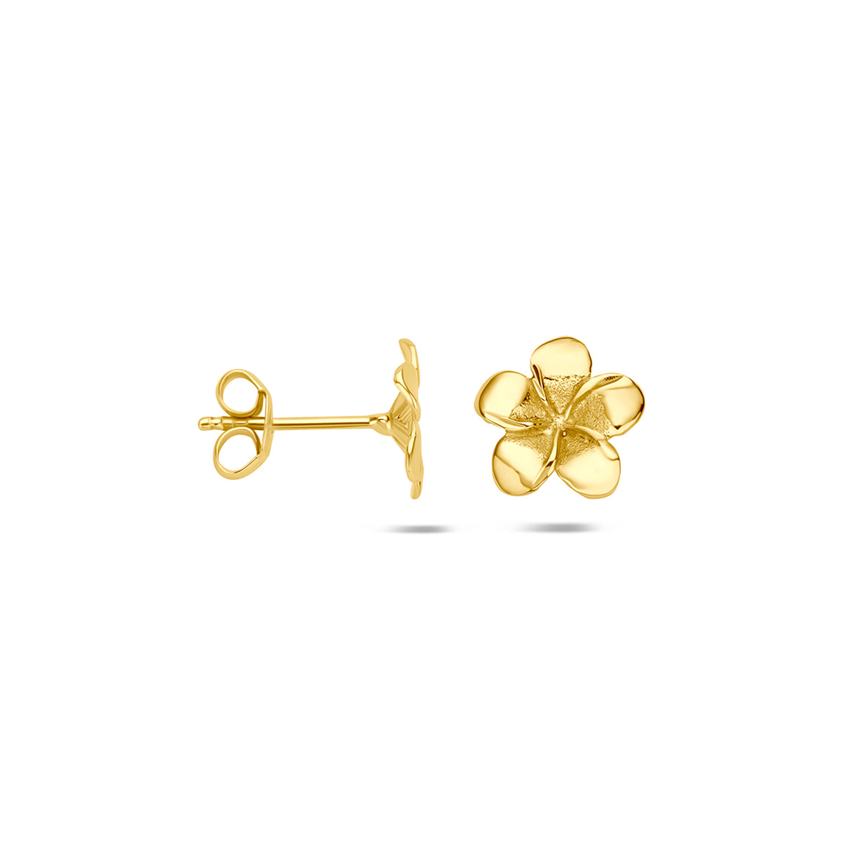 Gouden bloem oorbellen: voor- en zijaanzicht van de 14 karaat geelgouden bloem oorknopjes.