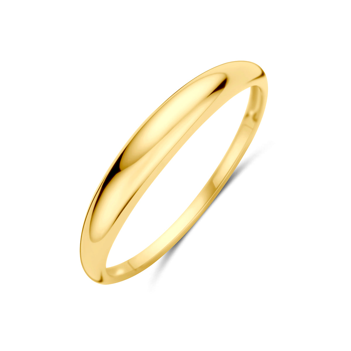 14 karaat ring: schuin bovenaanzicht van de 14 karaat geelgouden bolle ring.