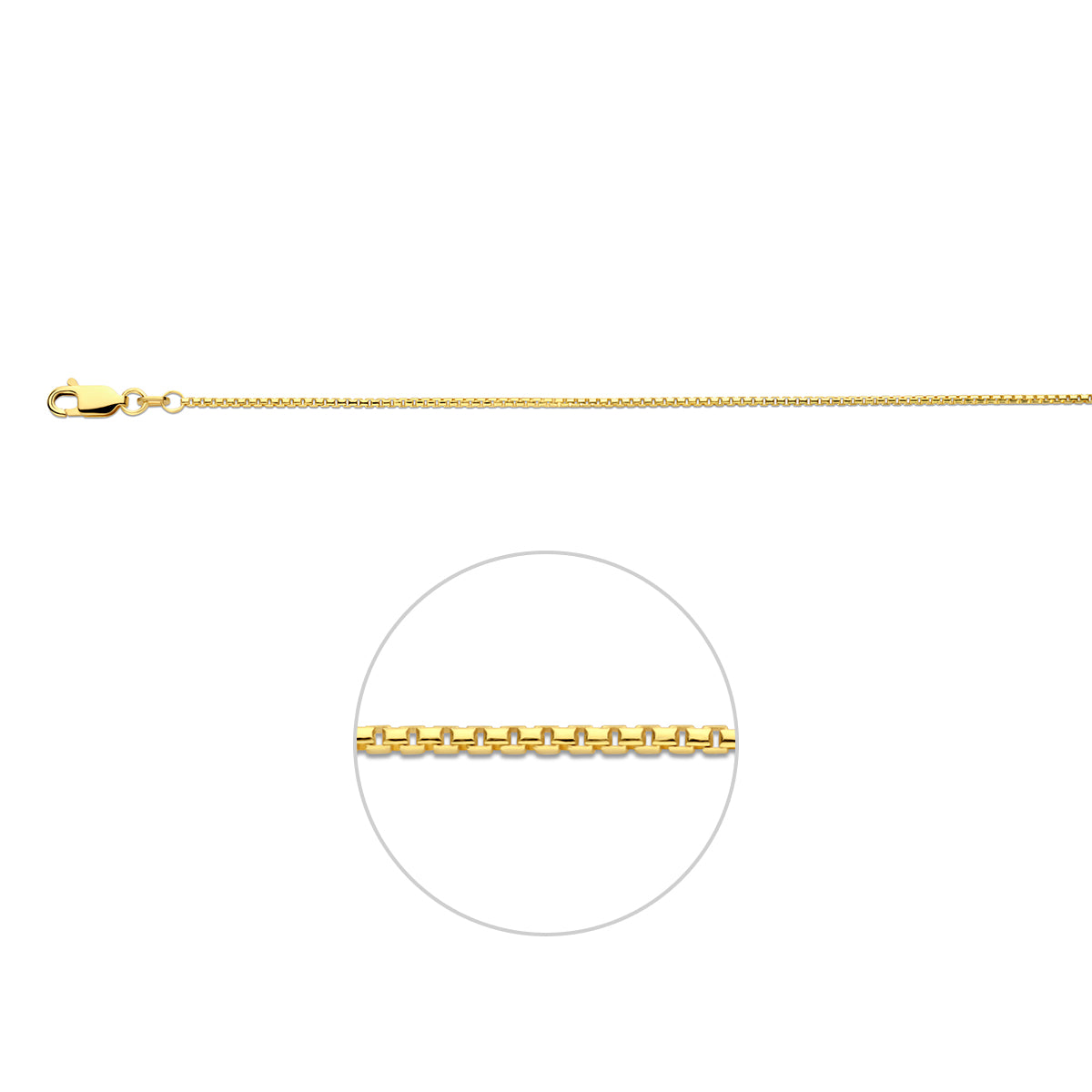 Gouden venetiaanse ketting: 14 karaat geelgouden bolle venetiaanse halsketting van 1,2 mm breed, vooraanzicht