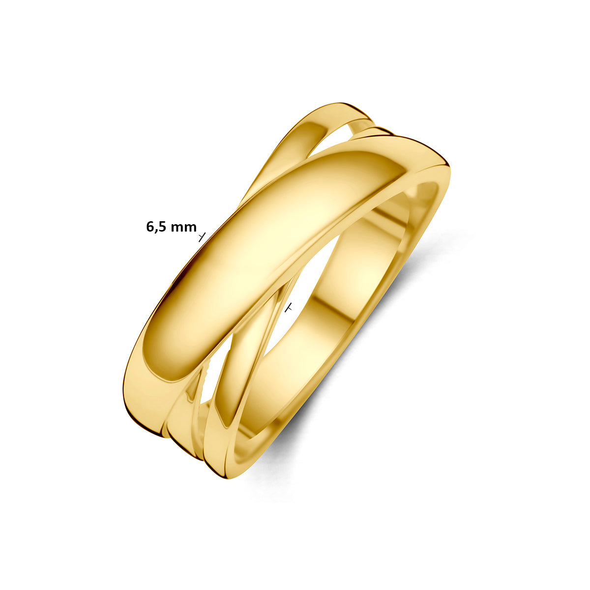 Brede gouden ring: schuin bovenaanzicht met afmetingen van de 14 karaat geelgouden brede gekruiste ring, 6,5 mm breed.
