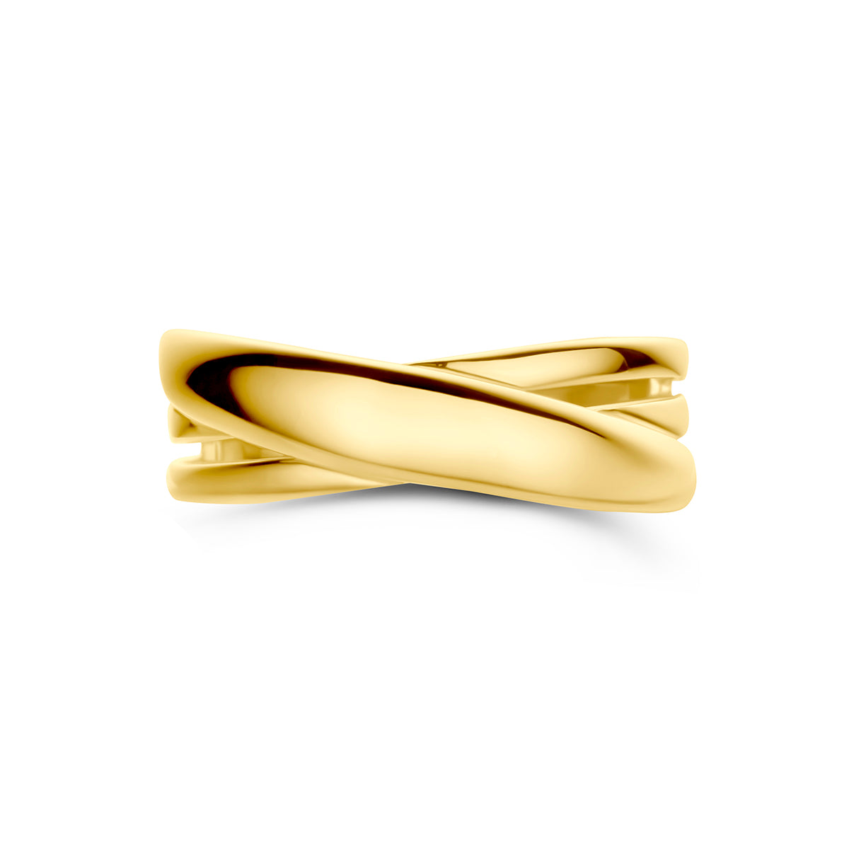 Brede gouden ring: bovenaanzicht van de 14 karaat geelgouden brede gekruiste ring.