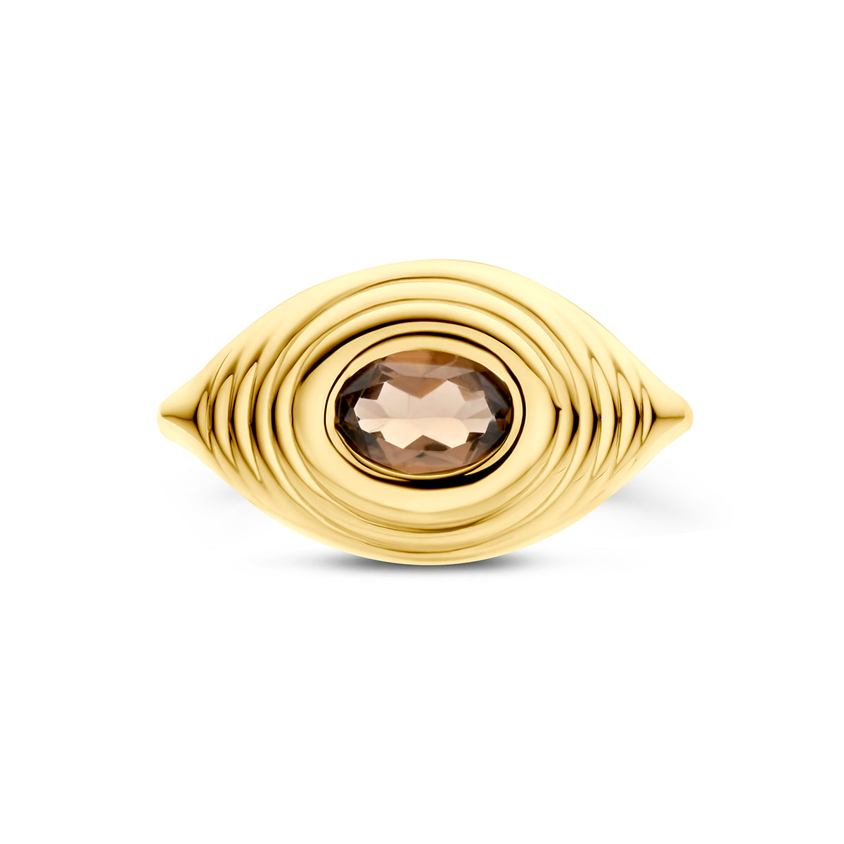 Rookkwarts ring: bovenaanzicht van de 14 karaat geelgouden brede geribbelde ring met rookkwarts.