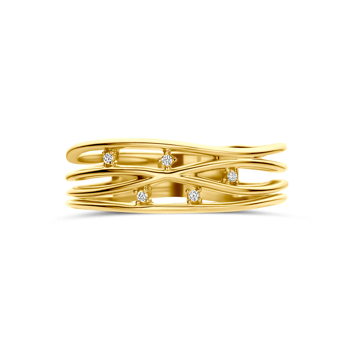 Gouden ring met zirkonia: bovenaanzicht van de 14 karaat geelgouden brede ring met lijnen en zirkonia.