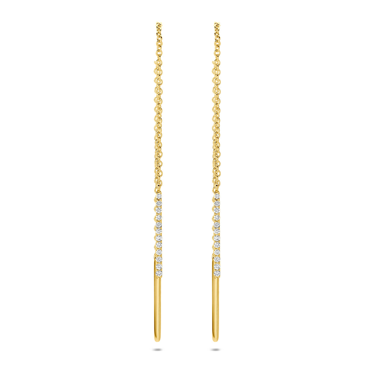 Vooraanzicht van de 14 karaat geelgouden doortrekoorbellen diamant 0,08 ct, 85 mm hoog en 1 mm breed.
